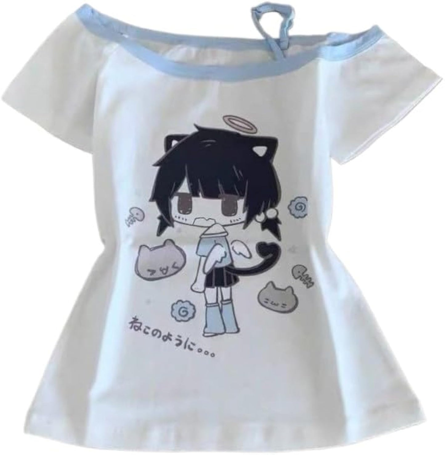 Y2K Kawaii Cartoon Printed Off Shoulder Women's Short Sleeved Cute Anime Graphic Casual Loose T-Shirt