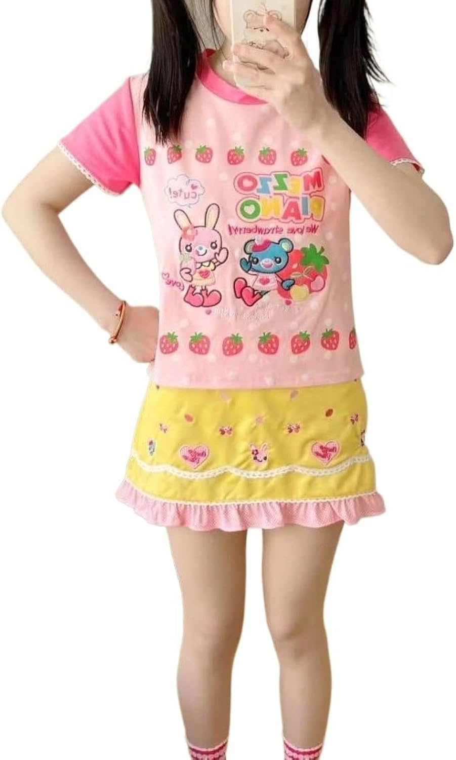 Kawaii Harajuku Cartoon Print Contrast Patchwork Lace Fairy T-Shirt Women Y2k Aesthetic Grunge Cropped Tee