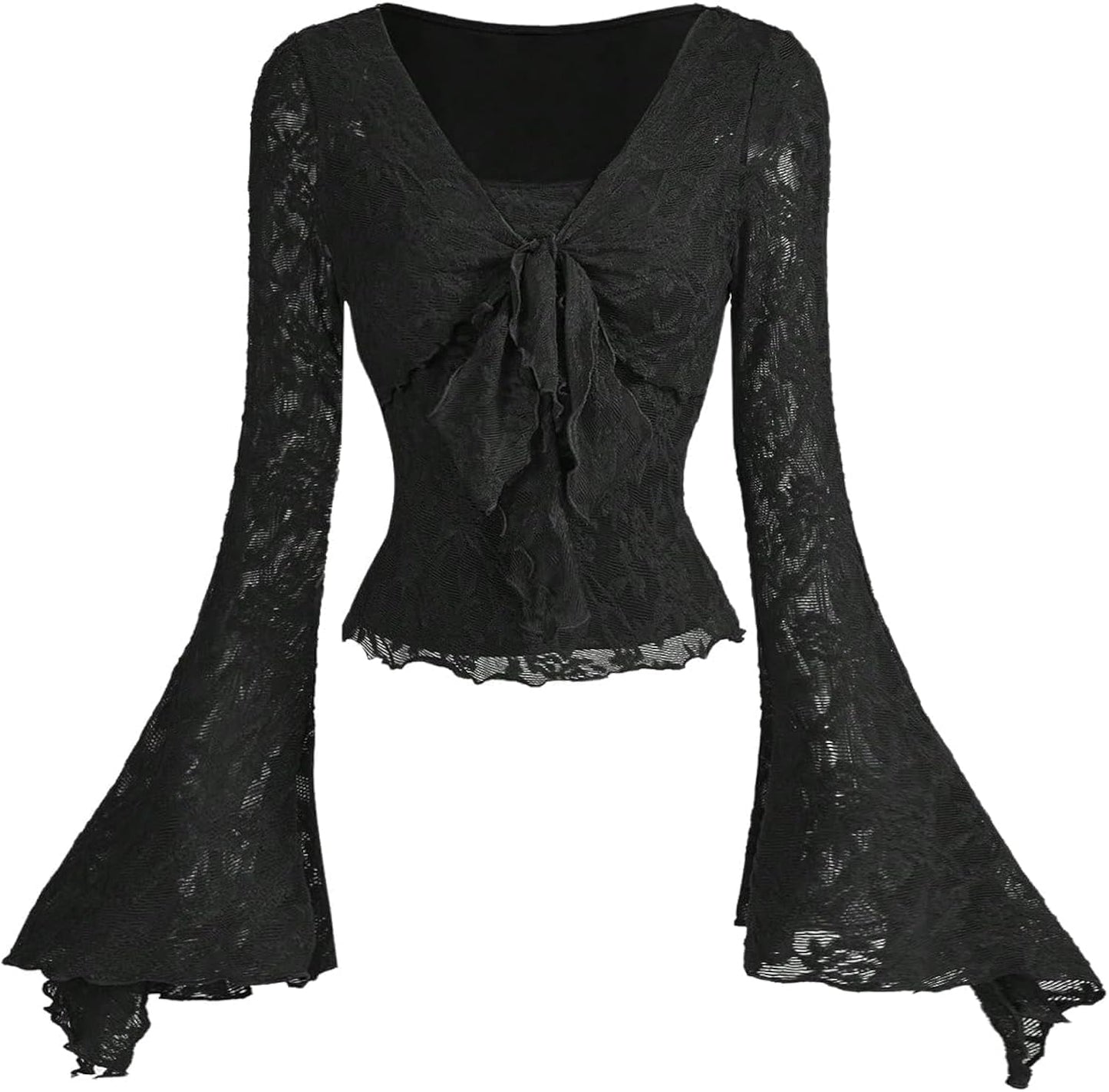 Women's Sheer Mesh Grunge Shirts Long Bell Sleeve Crewneck Going Out Lace Tops Goth Clothes