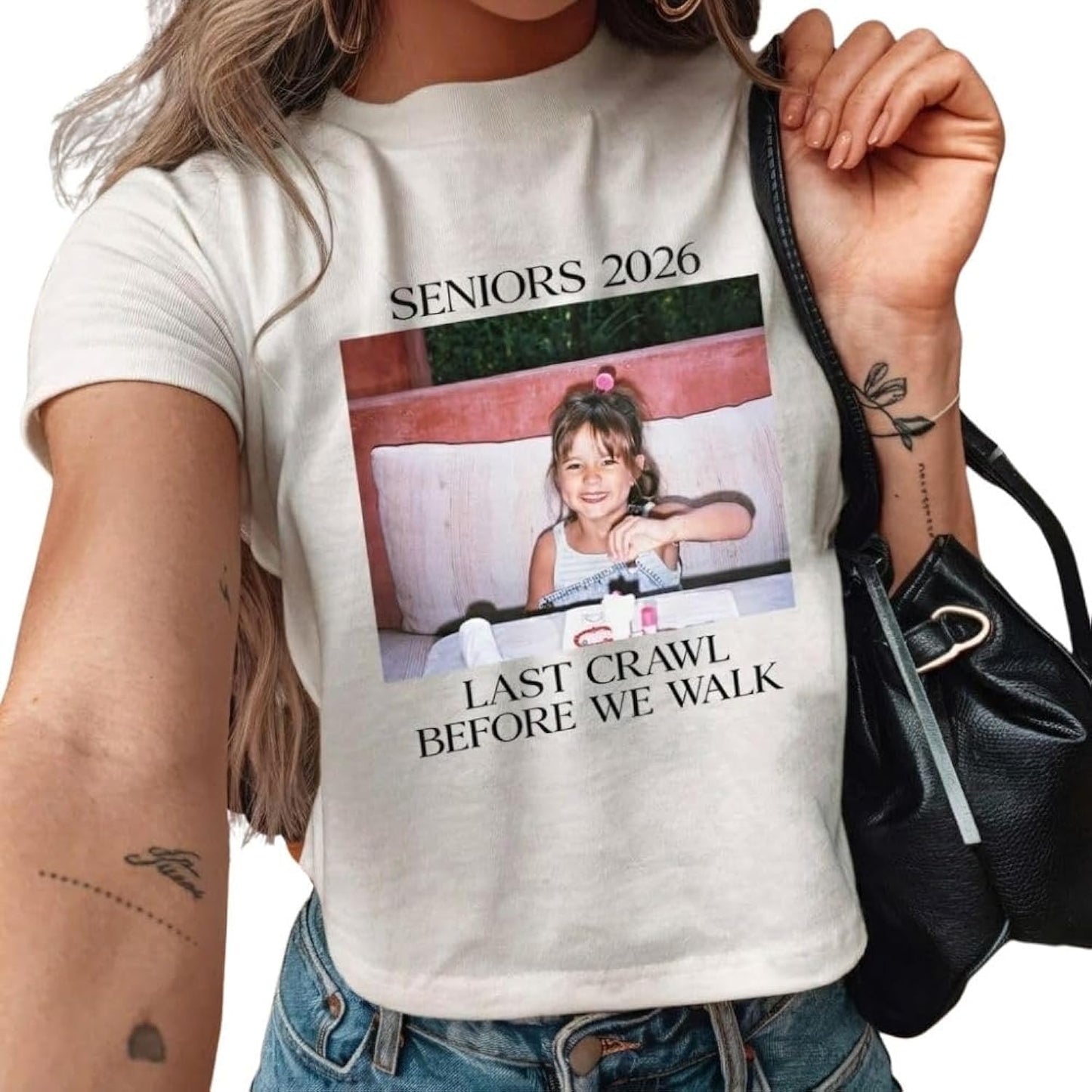 Last Crawl Before We Walk Grad Baby Tee - Custom Photo Senior Baby Tee Graduation 2026, Graduate Y2K Shirt Sorority Grad Personalized Graduation Gift A4 Black