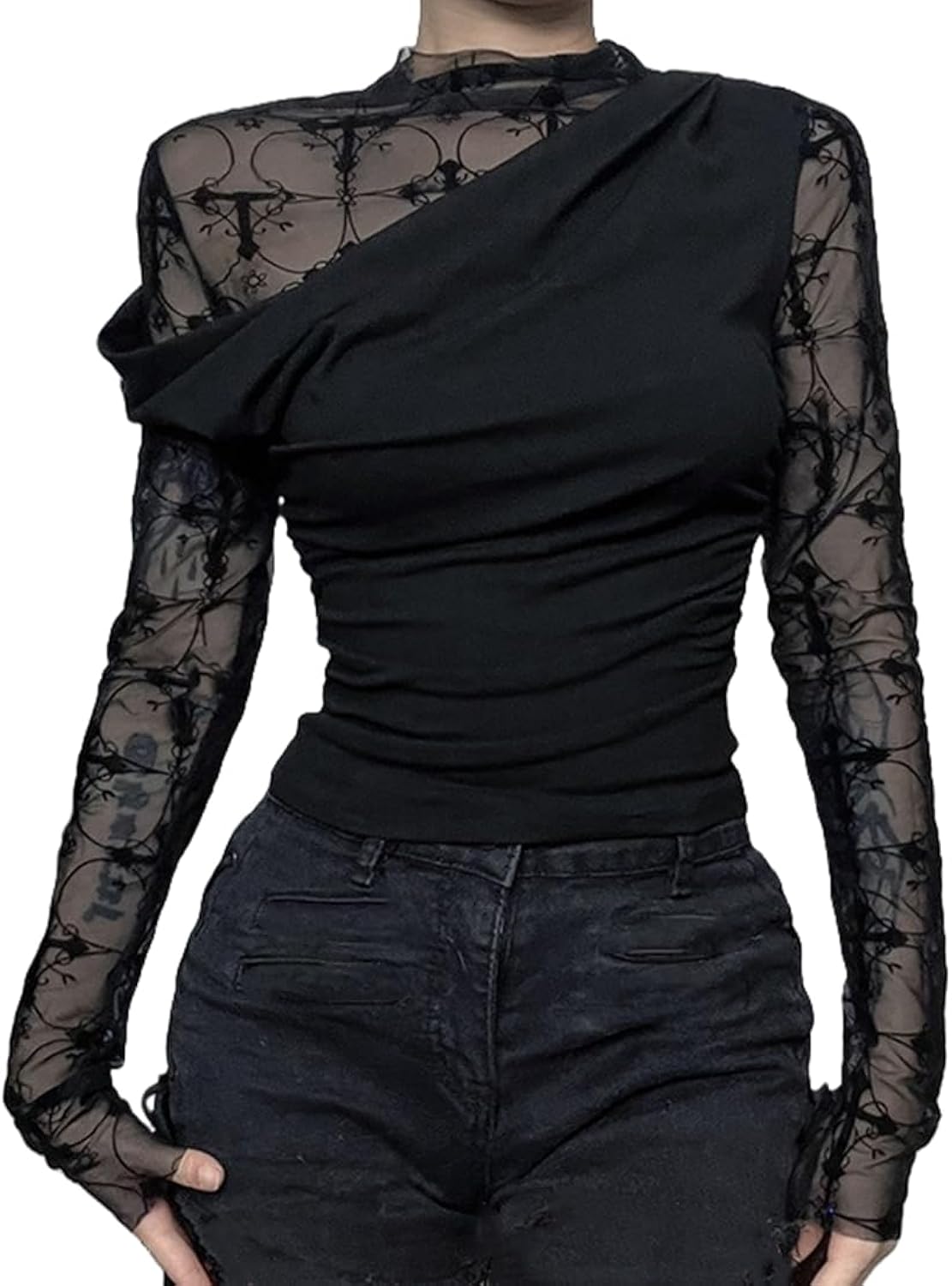 Goth Mesh Top for Women See Through Black Patchwork Sheer T Shirt Dressy Blouse Going Out Crop Tops