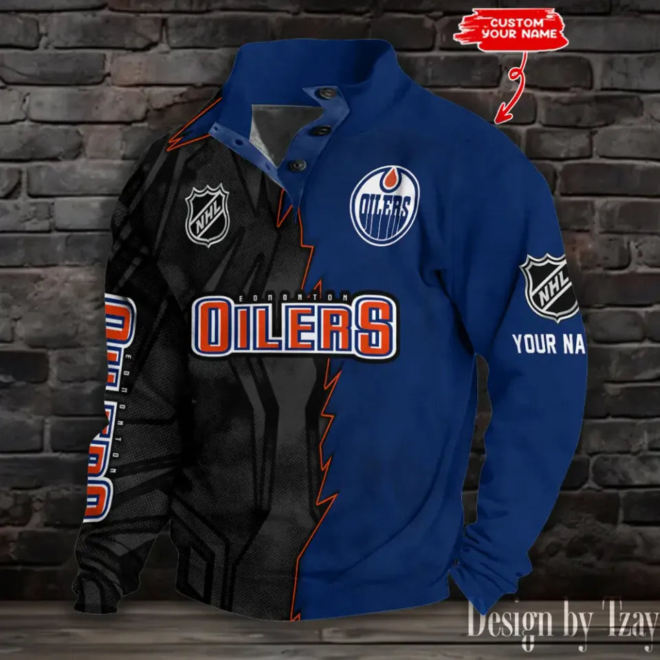 Edmonton Oilers Half Button Stand Collar Sưeatshirt