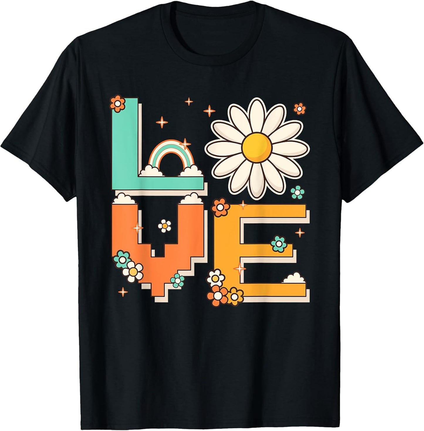 Cute Pixel Art 60s 70s Style Hippie Outfit Love Daisy Flower T-Shirt
