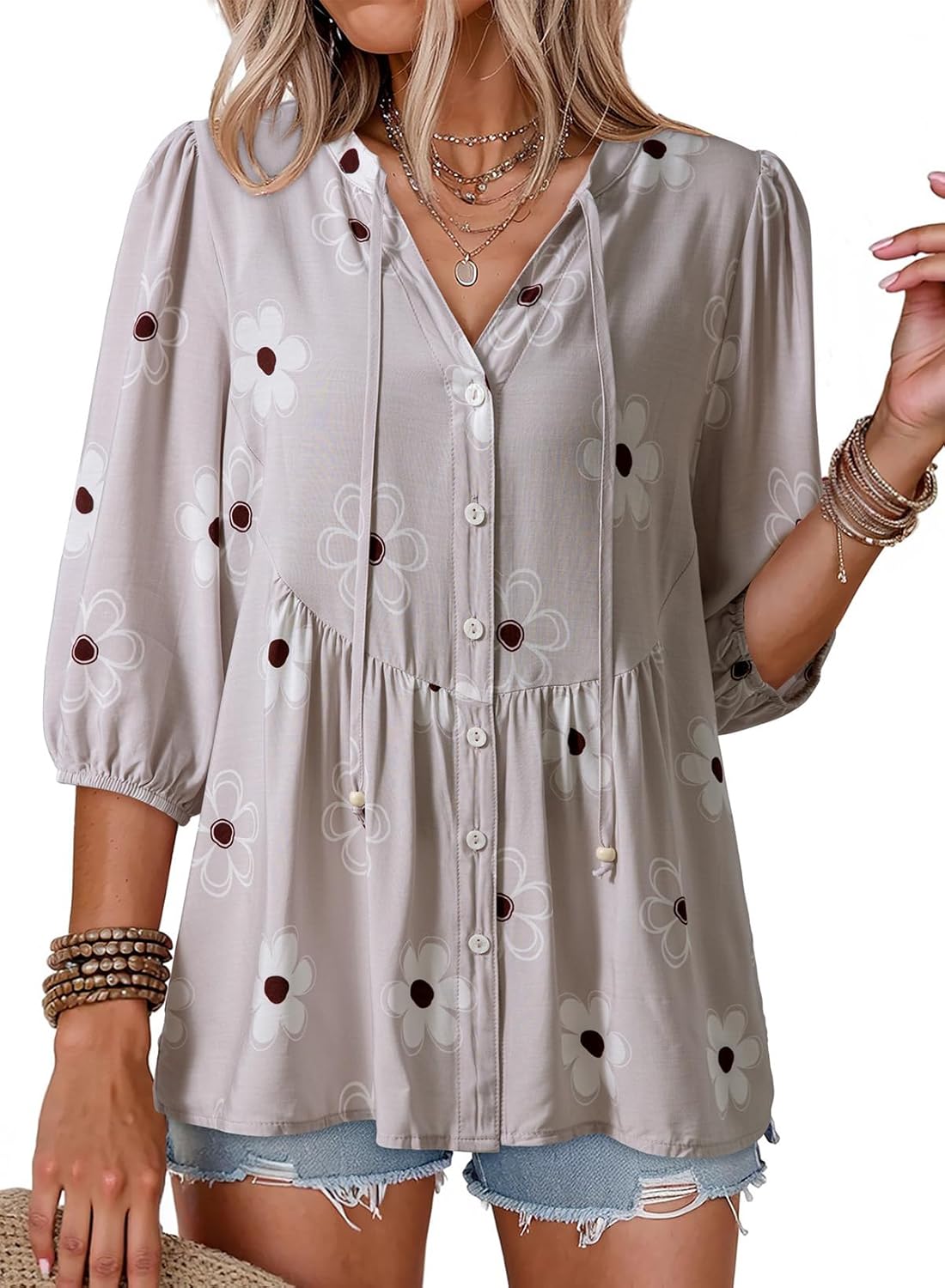 Womens Summer Tops Boho Floral Short Sleeve Button Down V Neck Peplum Babydoll Casual Loose Blouses Shirts