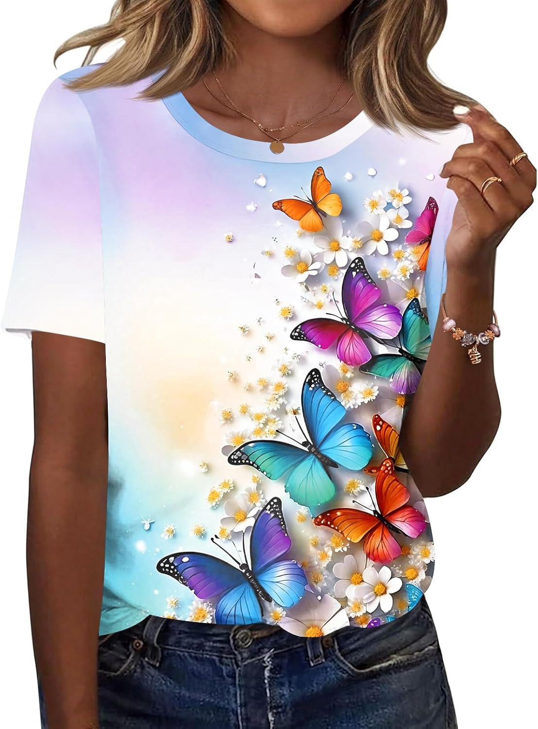 Women's Tops Summer Short Sleeve Crew Neck Shirts Dressy Casual Blouses for Women S-3XL