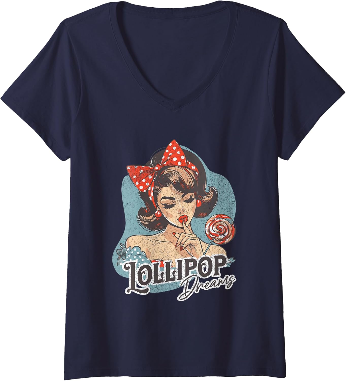 Women's Lollipop Dreams Retro Girl Pop Art Tee V-Neck T-Shirt