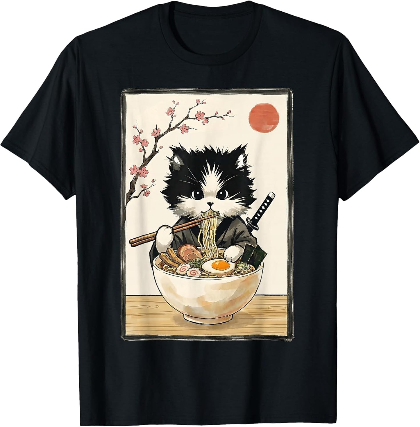 Samurai Cat Japanese Art Ramen Novelty Kawaii Funny Cat T-Shirt