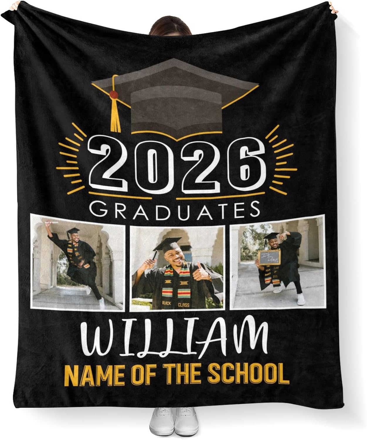 Custom Graduation Blankets with Photos Personalized Blankets with Name Class of 2026 Gifts for Graduate Daughter Son Adults Throw Blanket for Graduation Party