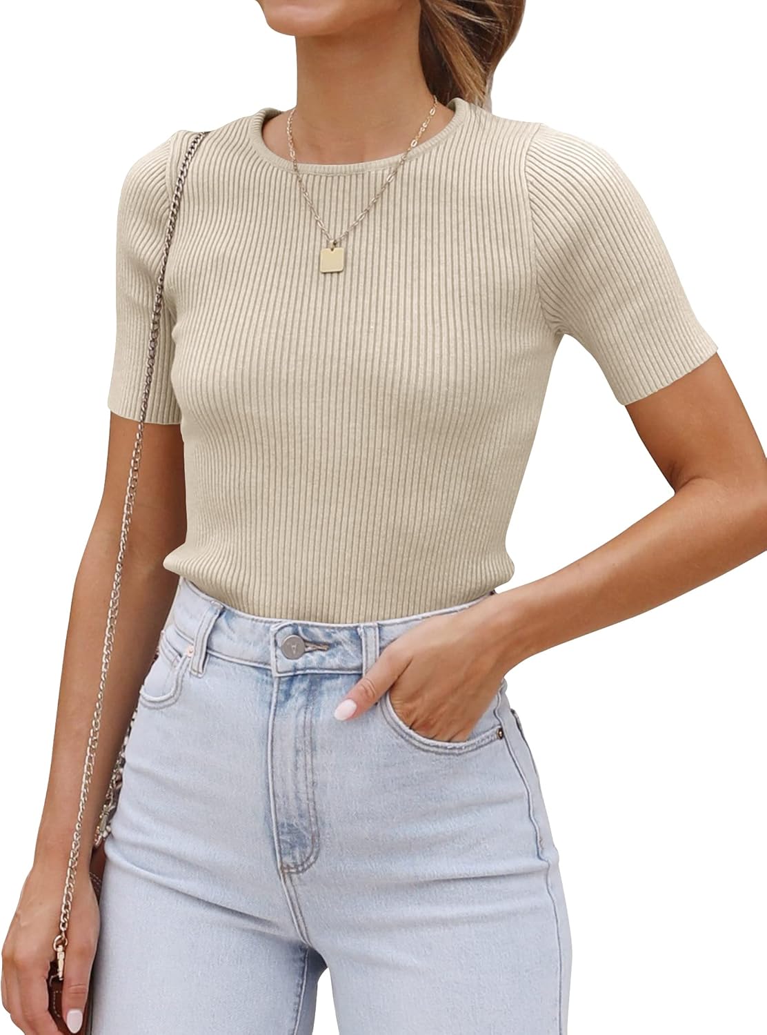 Women's Short Sleeve Sweater Tops 2026 Summer Crewneck T Shirt Ribbed Knit Slim Fit Basic Solid Color Tee