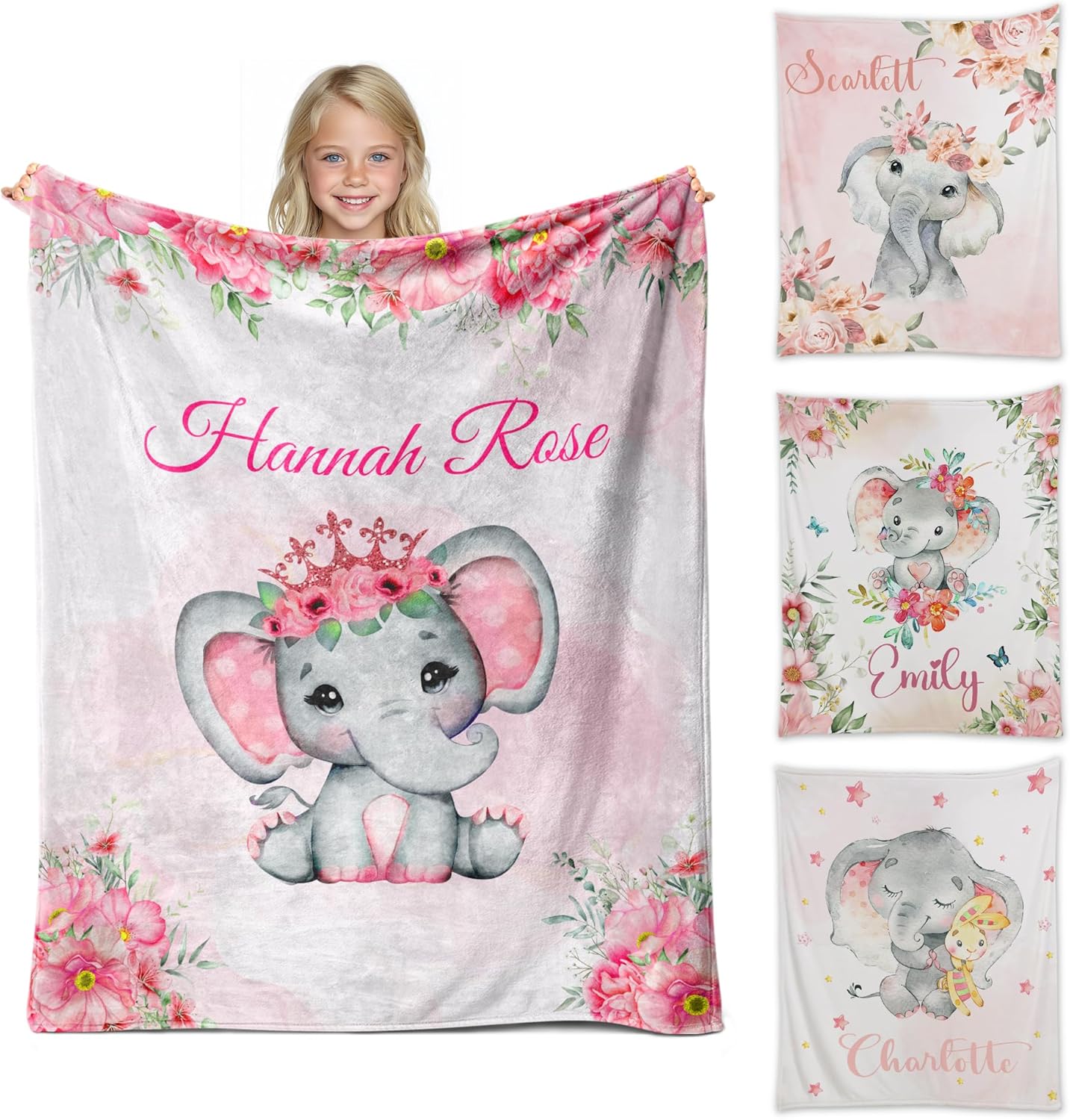 Personalized Baby Blanket for Girls with Name, Custom Baby Girl Blanket, Soft Receiving Blanket for Newborn, Personalized Baby Gifts & Personalized Blankets for Kids(Pink Elephant)