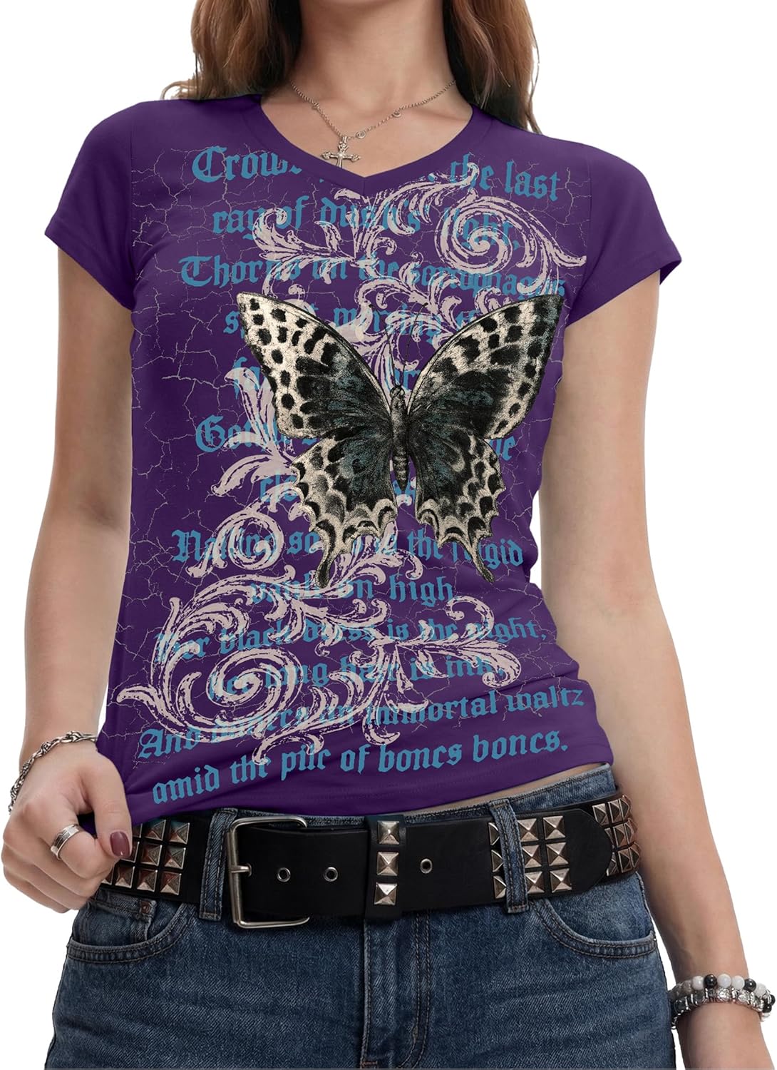 Women's Y2K Gothic Shirts V Neck Cap Short Sleeve Vintage Grahipc Tees 2000s Alternative Slim Fit Grunge Punk Tops