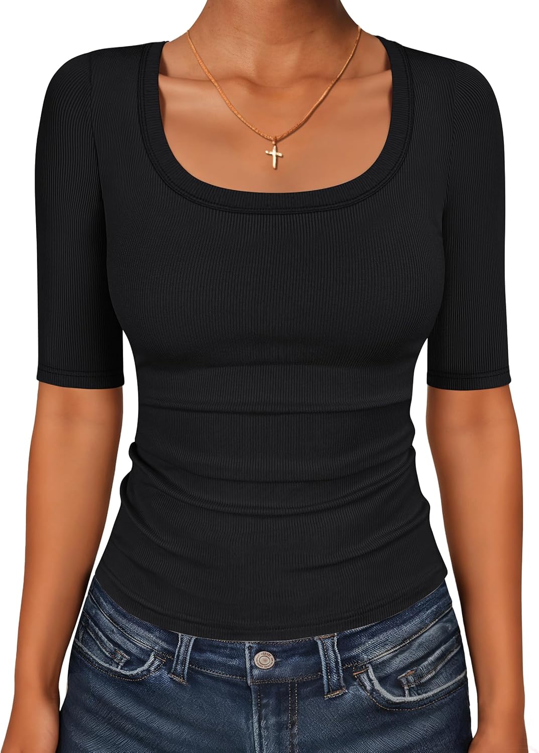 Womens Half Sleeve Tops Scoop Neck Ribbed Knit Slim Fitted Basic Tee Shirts Summer 2026 Trendy Spring Casual Clothes