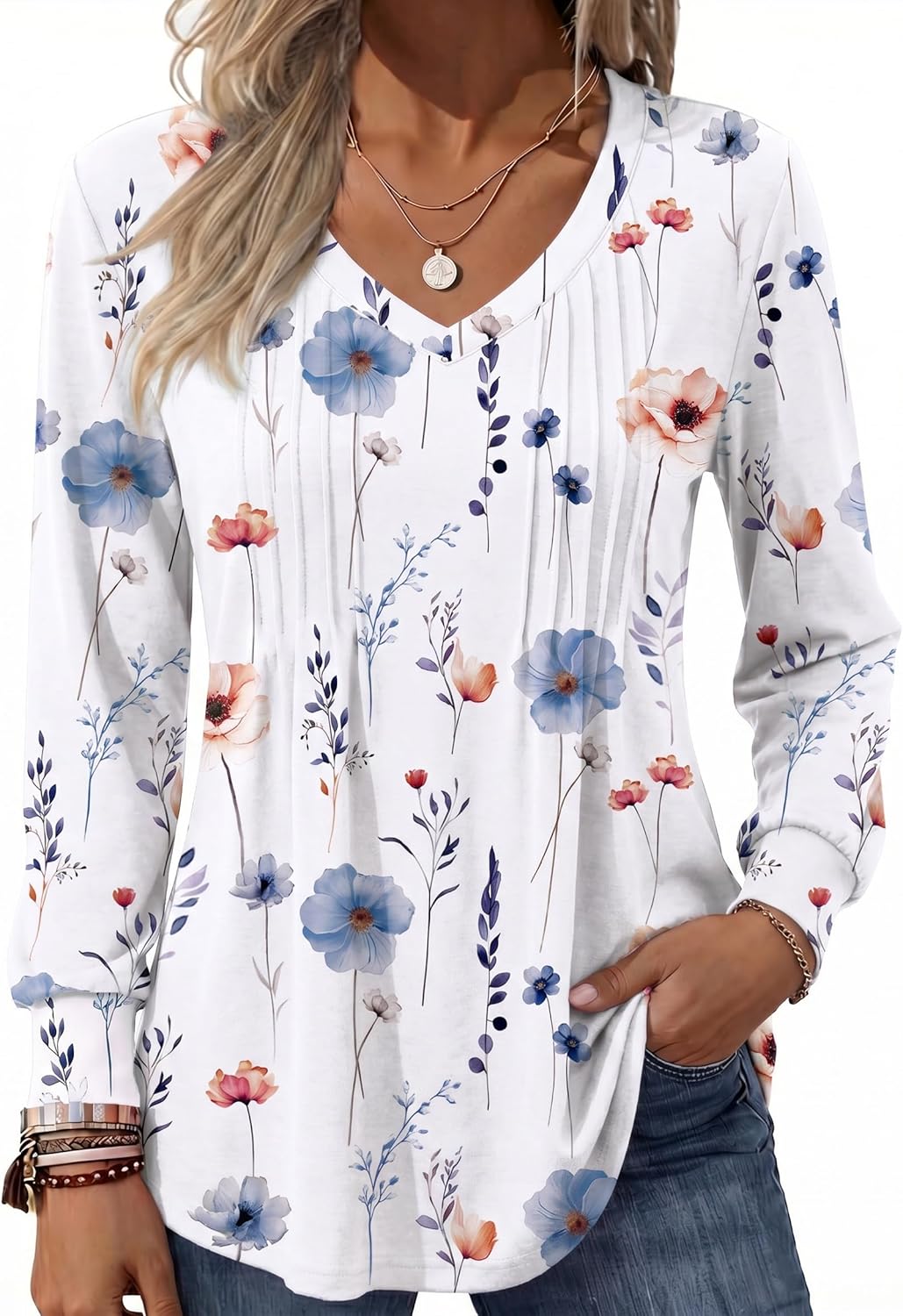 Women's Puff Long Sleeve Shirts Pleated V Neck Fall Tunic Tops Blouse Dressy Casual Summer T-Shirts
