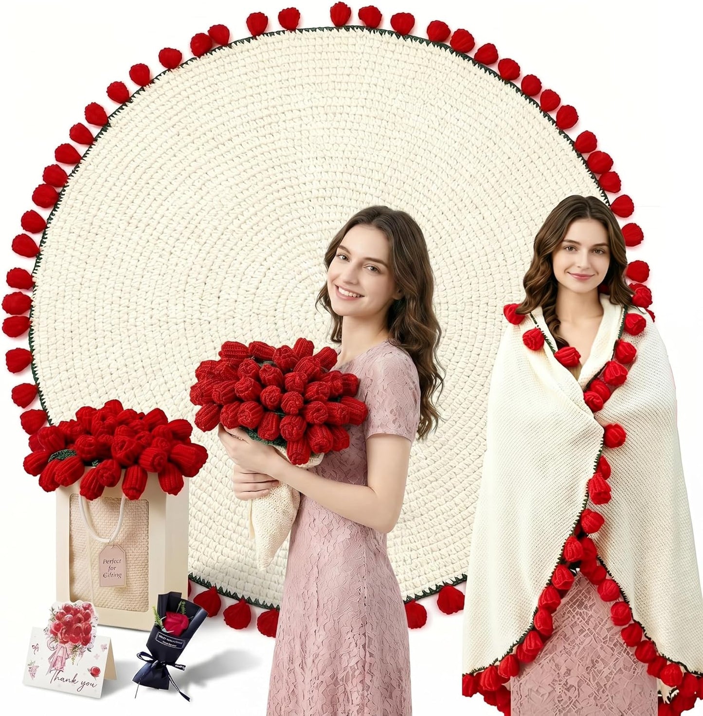 43''Flower Bouquet Blanket,Crochet Flower Bouquet Blanket Handmade, for Mother's Day, Valentine's Day, Birthday, Mom Grandma Home Sofa Decor (Finished Product) (Red, Medium(43X43 Inches))