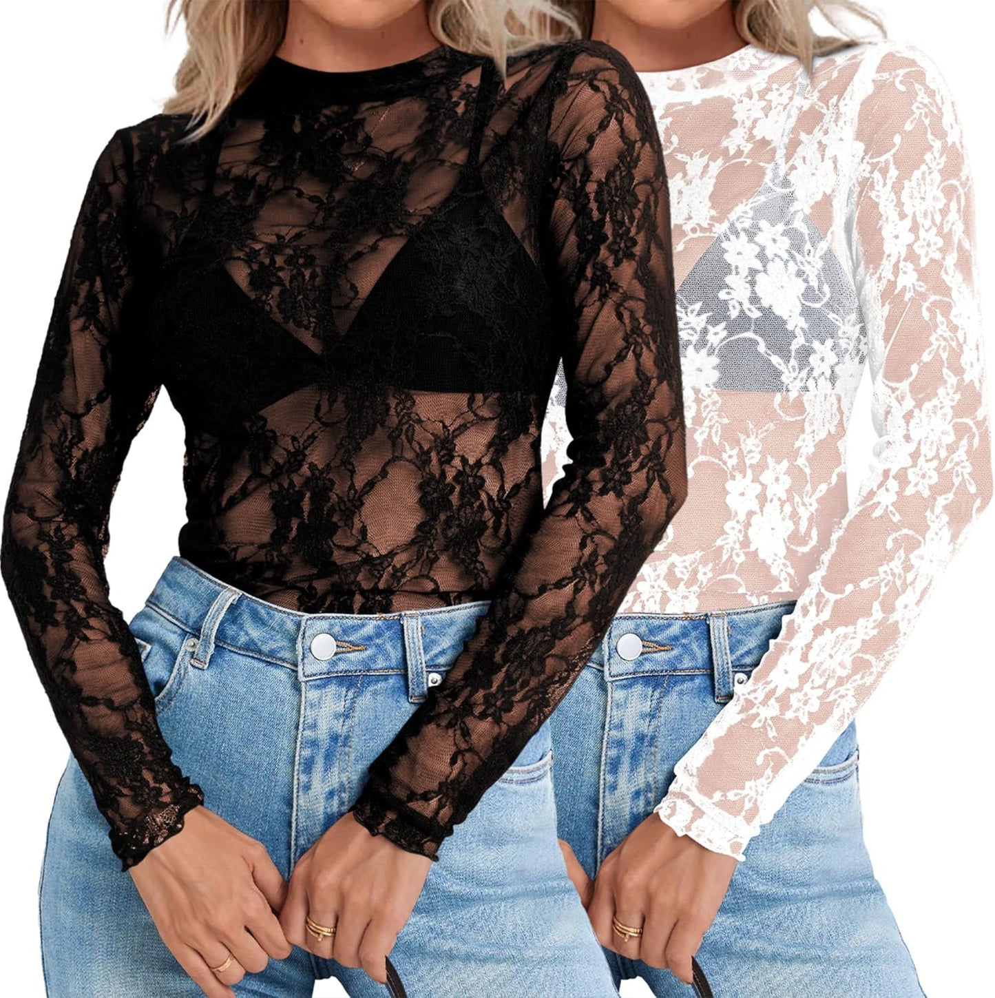 Womens Mesh Lace Long Sleeve Tops Mock Neck See Through Shirts Casual Blouses