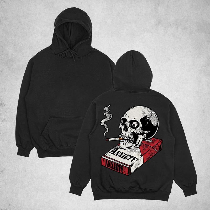 ANXIETY Smoking Skull&Cigarette Case Print Men's Hoodie
