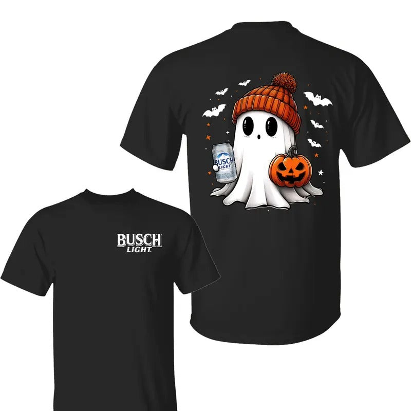 Busch Light Ghost Pumpkin Halloween T-Shirt ,Funny Spooky Shirts, Pumpkin Shirt, Busch Light T-Shirt, Halloween Shirt, Unisex Classic Cotton Tee with 2 Sided Graphic Print in All Sizes, For Women, For Men