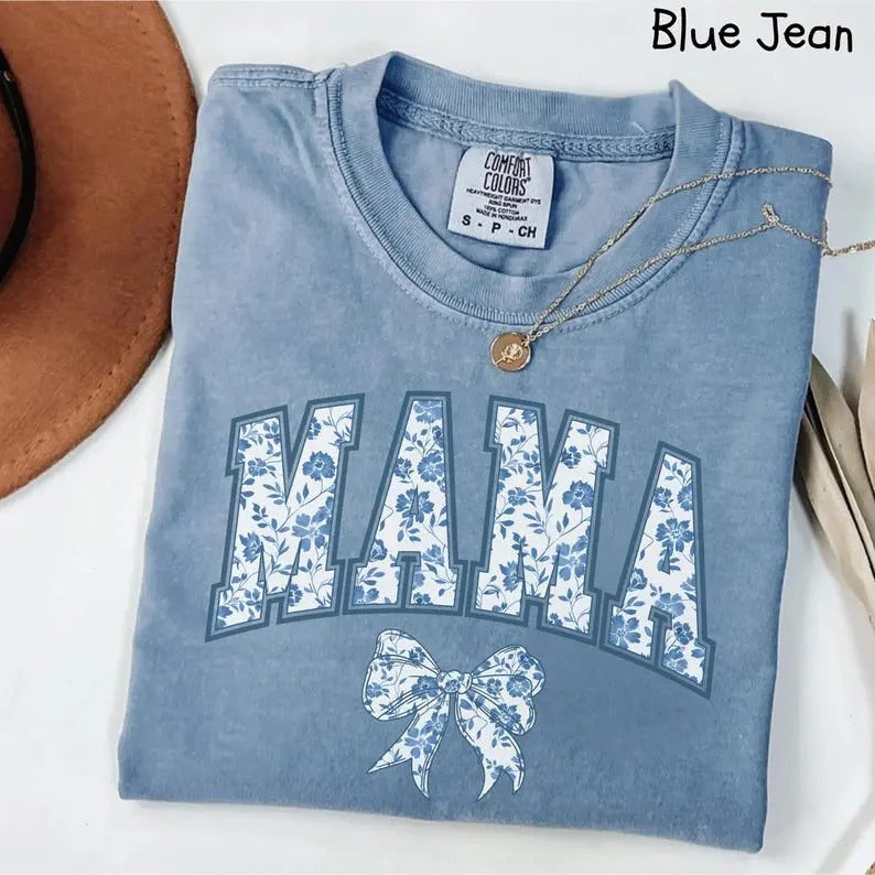 Comfort Colors Mama Shirt, Blue Ribbon Shirt, Mothers Day Gift, Girly Aesthetic Gift For Mom, Cute Mom Shirt, Bow Shirt, Chinoiserie Shirt