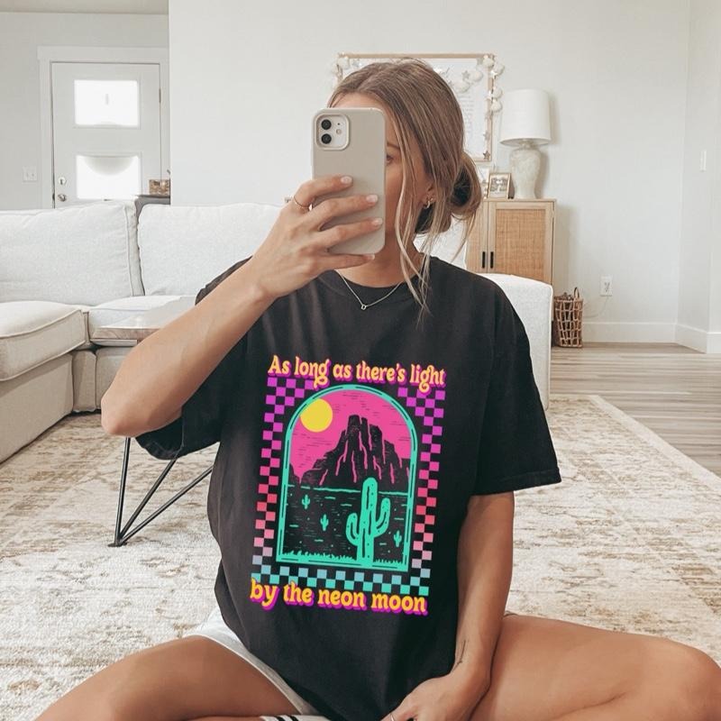 Comfort Colors Women's Neon Moon Casual Cotton Short Sleeve Graphic T-Shirt with "As Long as There's Light" Design - Loose-Fitting Summer Top for Womenswear - Streetwear