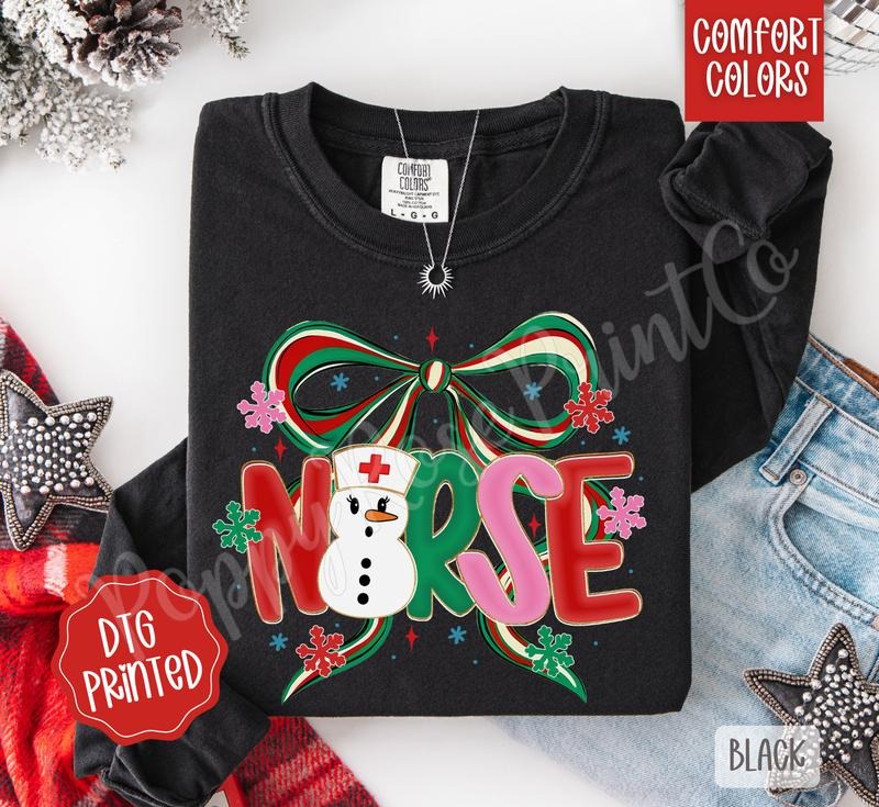 Coquette Christmas Nurse Comfort Colors Long Sleeve T-Shirt, Cute Women's Holiday Tee