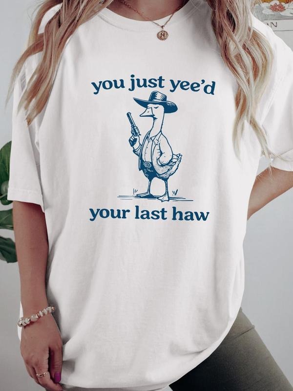 Duck & Letter Drop Shoulder T Shirts, Casual Half Sleeve Round Neck T-Shirt, Women's Top for Daily Wear, Graphic Tees, T Shirts for Women, Tops for Women, Black Girl Outfits Cotton Printed