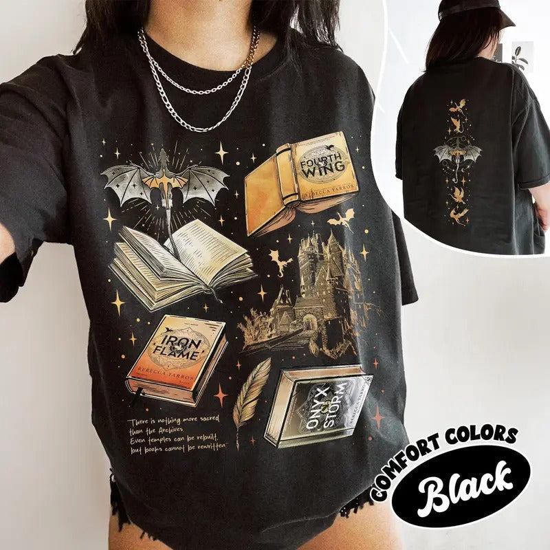 Fourth Wing Series Two Sided Unisex Cotton T-shirt 2 sides For Fans, War College T-Shirt, Dragon Rider Bookish Shirt, Book Merch Gift Top Womenswear