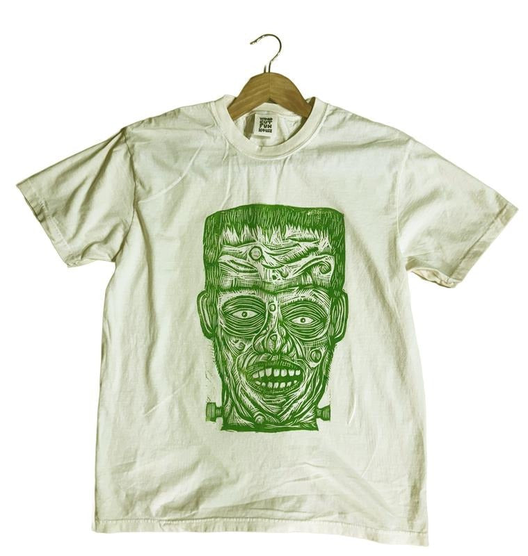Frankenstein Hand printed Woodcut T Shirt Menswear Cotton Top Streetwear Casual