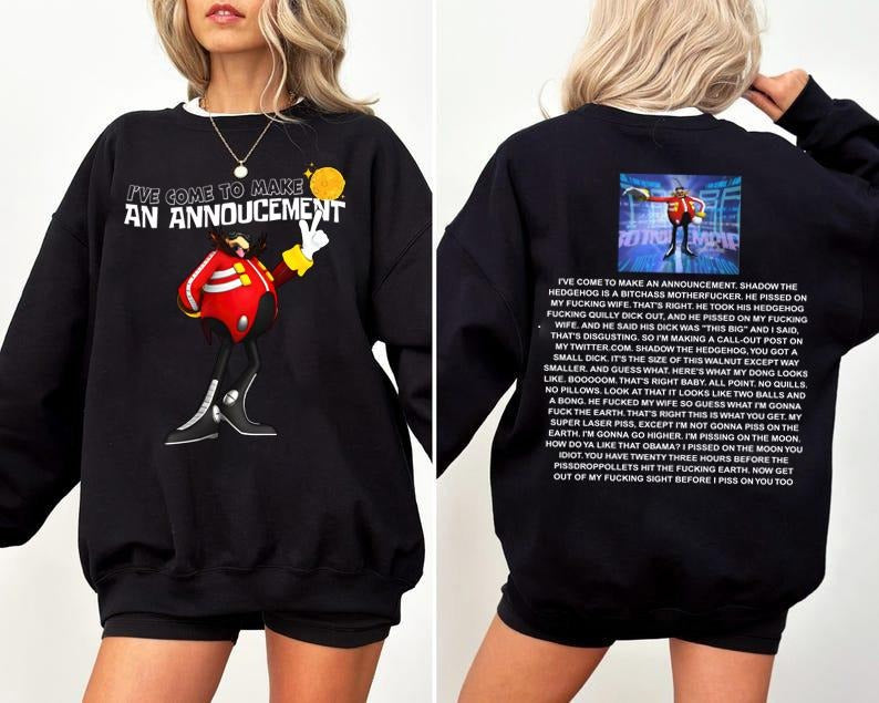 Funny Dr Eggman 2 Sides Shirt Son1c Merch Unisex Streetwear shirt, Movie Sweatshirt, Funny Dr. Eggman Meme T-Shirt - Funny Shadow the Hedgehog Announcement Quote, 2000s Videogame shirtstyle{n002}2