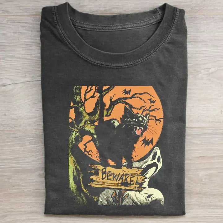 Halloween Vintage Tees, Black Cat T-shirt, Horror Movie Shirt, Unisex Funny Halloween Shirt Menswear Womenswear Streetwear