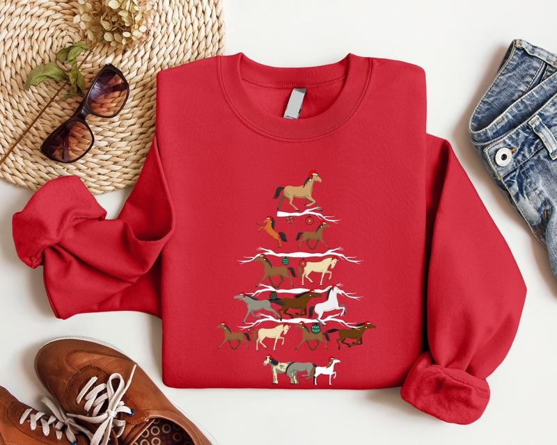 Horse Tree Sweatshirt, Horse Christmas Sweater, Animal Lover Xmas, Horse Lover Christmas Gift Hoodie, Cowboy Christmas Sweater, Western Christmas Farm Hoodie.