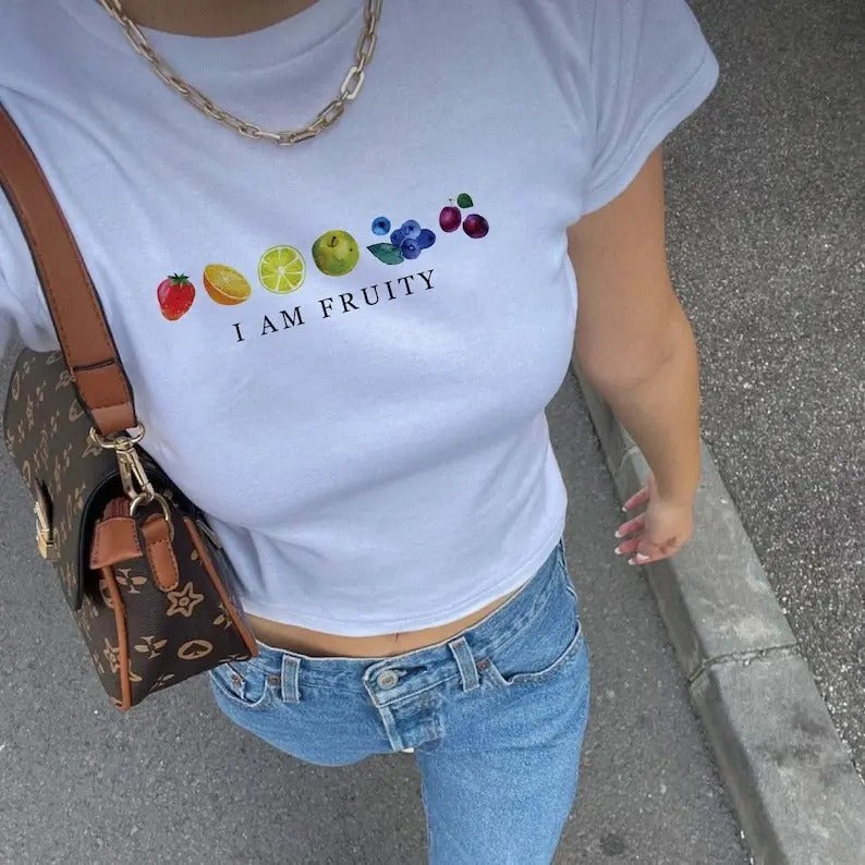 I Am Fruity Baby Tee, Lesbian Gay LBGTQ Pride Baby Fit Shirt, Baby Crop Tee, Pride Aesthetic Shirt