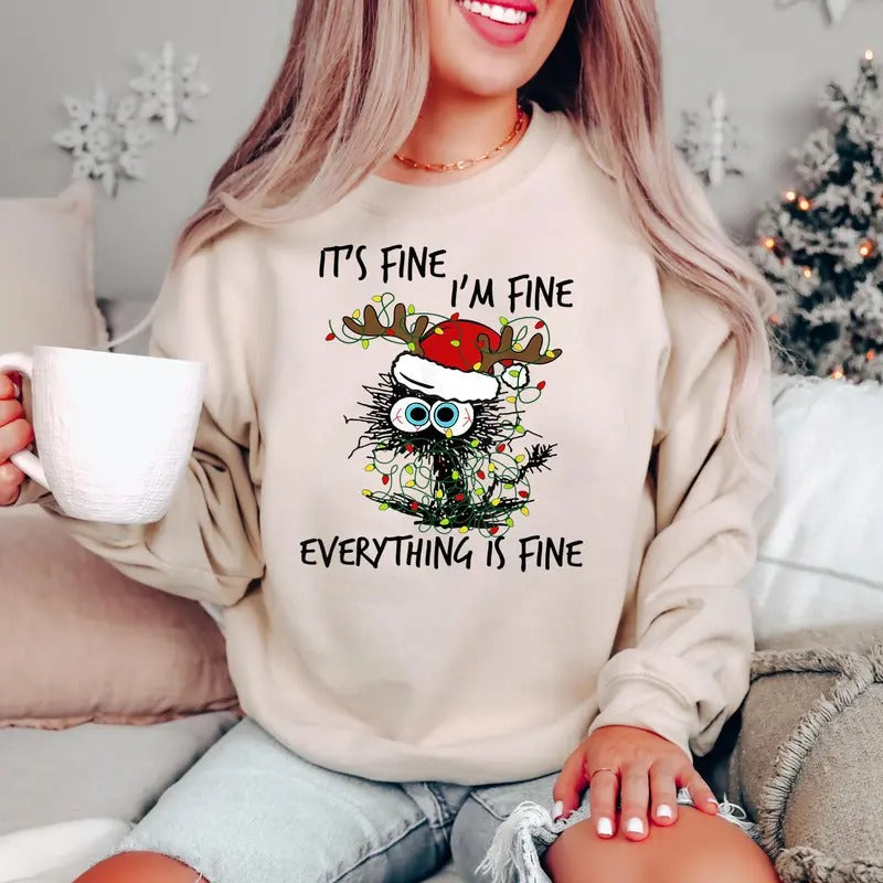 It is Fine, I am Fine Everything is Fine, Christmas Cat Shirt, Meowy Christmas Shirt, Black Cat Sweatshirt, Merry Christmas, Cat Lover Shirt