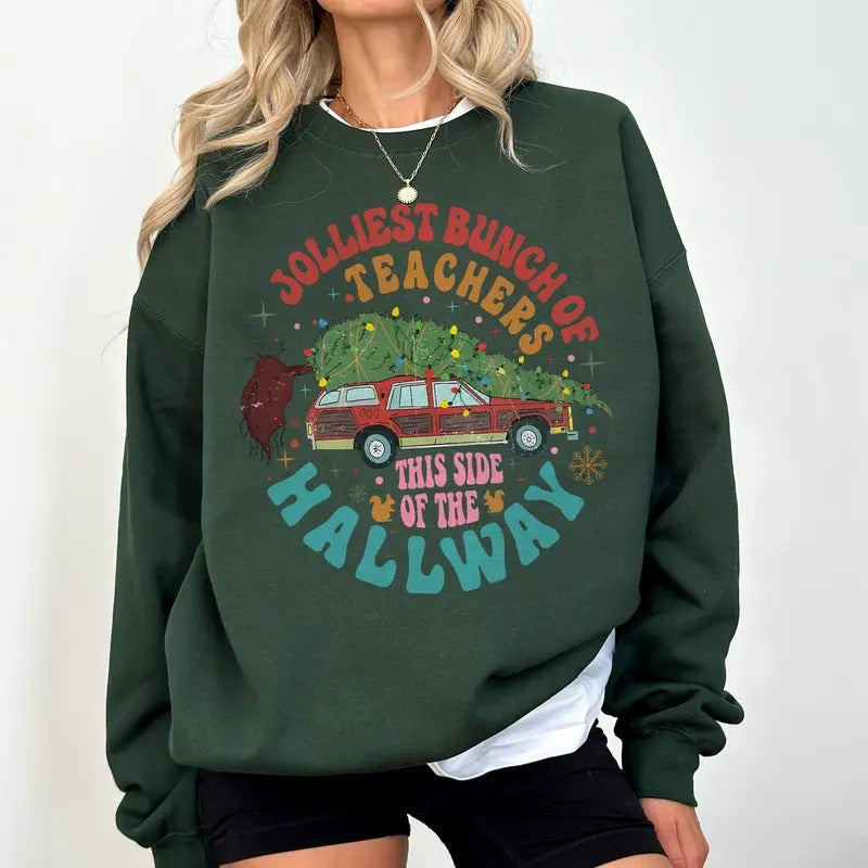 Jolliest Bunch Of Teachers This Side Of The Hallway Sweatshirt, Purple Van Shirt, Groovy Holiday Teacher Shirt, Teacher Christmas Gift