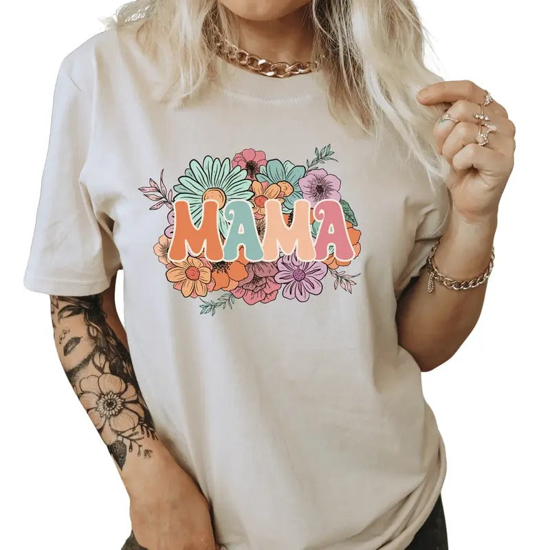 Mama Casual Everyday T-Shirt. Mama with spring flowers shirt. Perfect Mom Gift