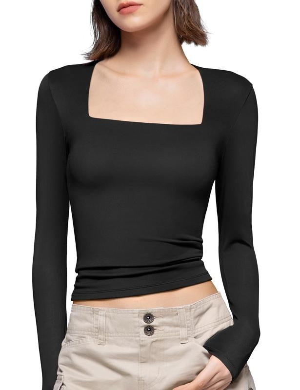 PUMIEY Women's Square Neck Long Sleeve T Shirts Slim Fit Tops Basic Tee Fabric Womenswear Comfort Streetwear Cloud Light Minimalist Skinny Longsleeves Lady Smoke Tshirt