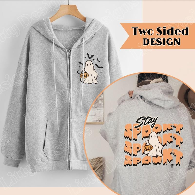 Stay Spooky Sweatshirt for Fall, Cute Ghost Halloween Zip Up Hoodie, Front and Back Design with Two Color Options, Fall Sweatshirts for Women, Stay Spooky Sweater spooky sweatshirt Comfort Fit