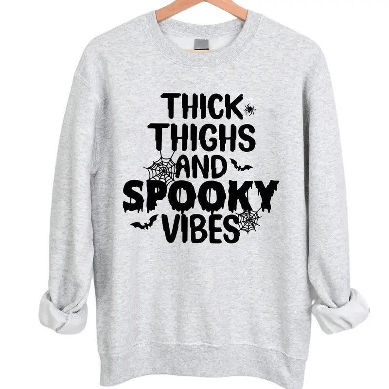 Thick Thighs and Spooky Vibes Halloween Crewneck Sweatshirt Hoodie Tshirt, Halloween 2024 Gifts