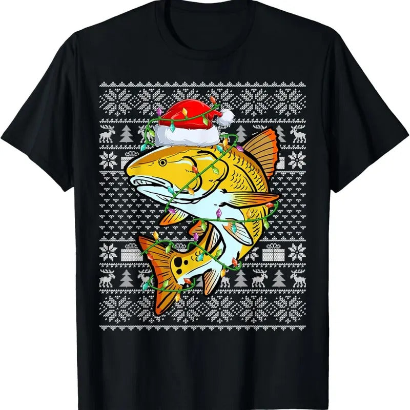 Ugly Sweater Style Xmas Lights Santa Redfish Christmas T-Shirt