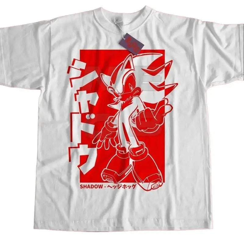WHITE - The Hedgehog Japanese shirt, The Hedgehog Adventure 2, Dreamcast Japanese Streetwear, Shadow shirt Crewneck Menswear T Shirt Casual Collar
