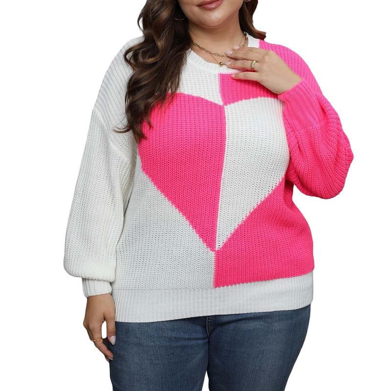 Women Plus Size Sweaters Casual Heart Contrast Color Warm Long Sleeve Pullover Basic Knitwear for Fall Streetwear