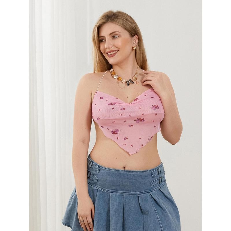 Women Sexy Sheer Mesh Camisole, Sleeveless Spaghetti Strap Floral Print Criss Cross Tie Back Crop Cami Tops Womenswear Backless