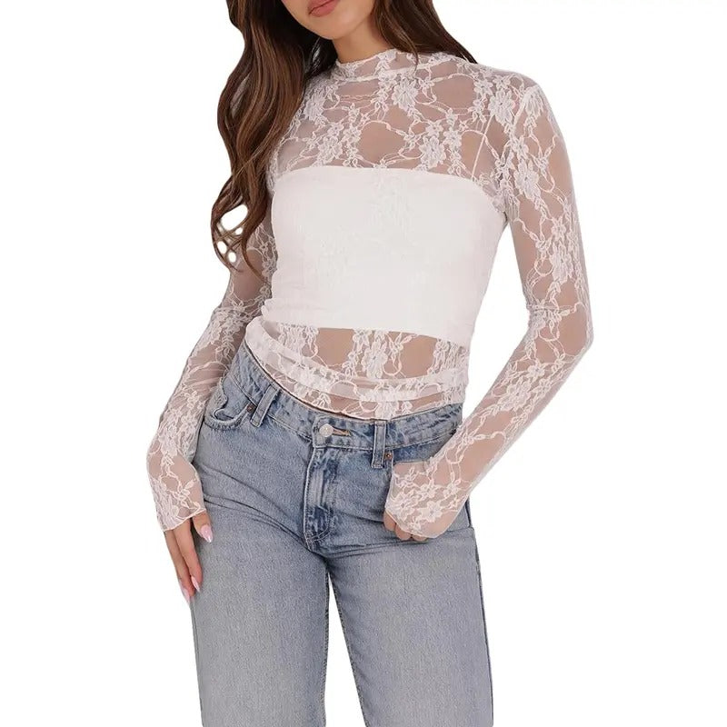 Women Sheer Tops Floral Lace Mock Neck Long Sleeve Casual T-Shirts for Parties Beach