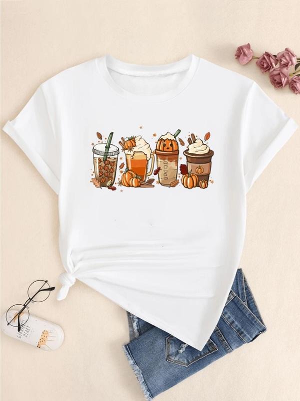 Women's Cartoon Coffee Print Round Neck Tee, Fashion Casual Crew Neck T-Shirt for Daily Holiday Vacation Outdoor Wear, Ladies Clothes for Summer