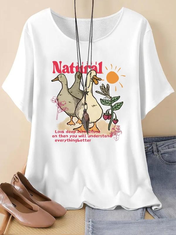 Women's Cartoon Duck & Letter Print Drop Shoulder Tee, Cute Short Sleeve Round Neck T-Shirt for Summer, Men Women Clothes