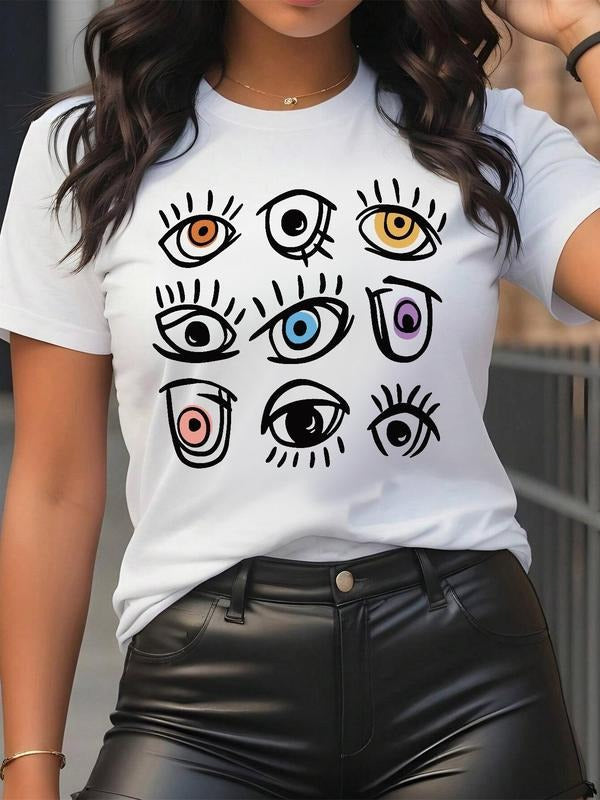 Women's Cartoon Eye Print Round Neck Tee, Fashion Casual Short Sleeve T-shirt for Daily Wear, Ladies Clothes for All Seasons