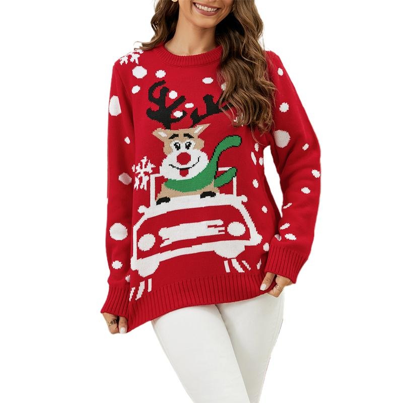 Women's Christmas Sweaters Reindeer Pattern Long Sleeve Round Neck Ribbed Knitted Tops