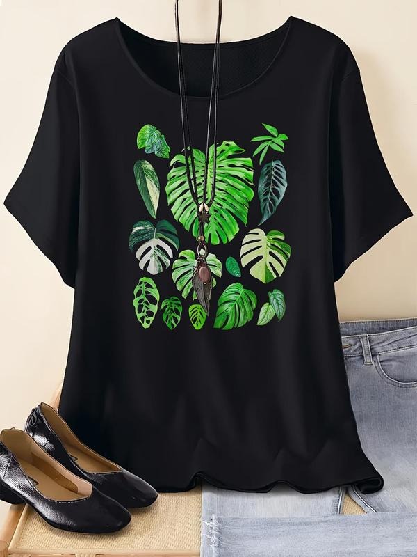 Women's Leaf Print Round Neck Tee, Casual Short Sleeve T-shirt for Summer, Ladies Clothes for Daily Wear