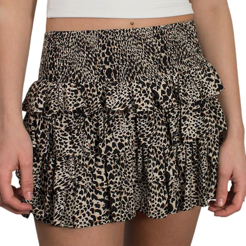 Women's Leopard Print Skirt Elastic High Waist Tiered Ruffled A-Line Short Skirt for Summer Womenswear Bottom