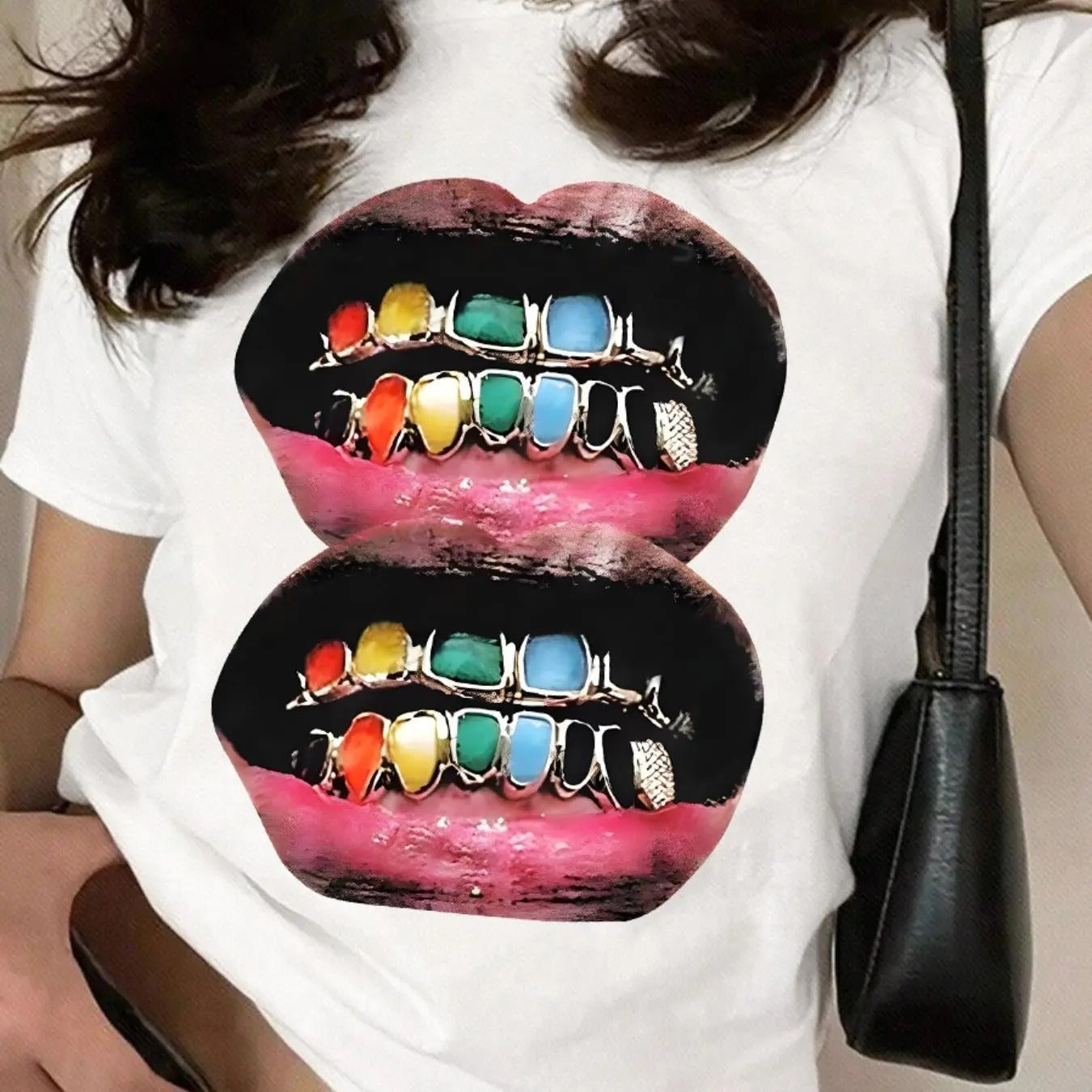 Women's Mouth Print Round Neck Tee, Fashion Casual Short Sleeve T-Shirt for Daily Wear, Ladies Summer Clothes