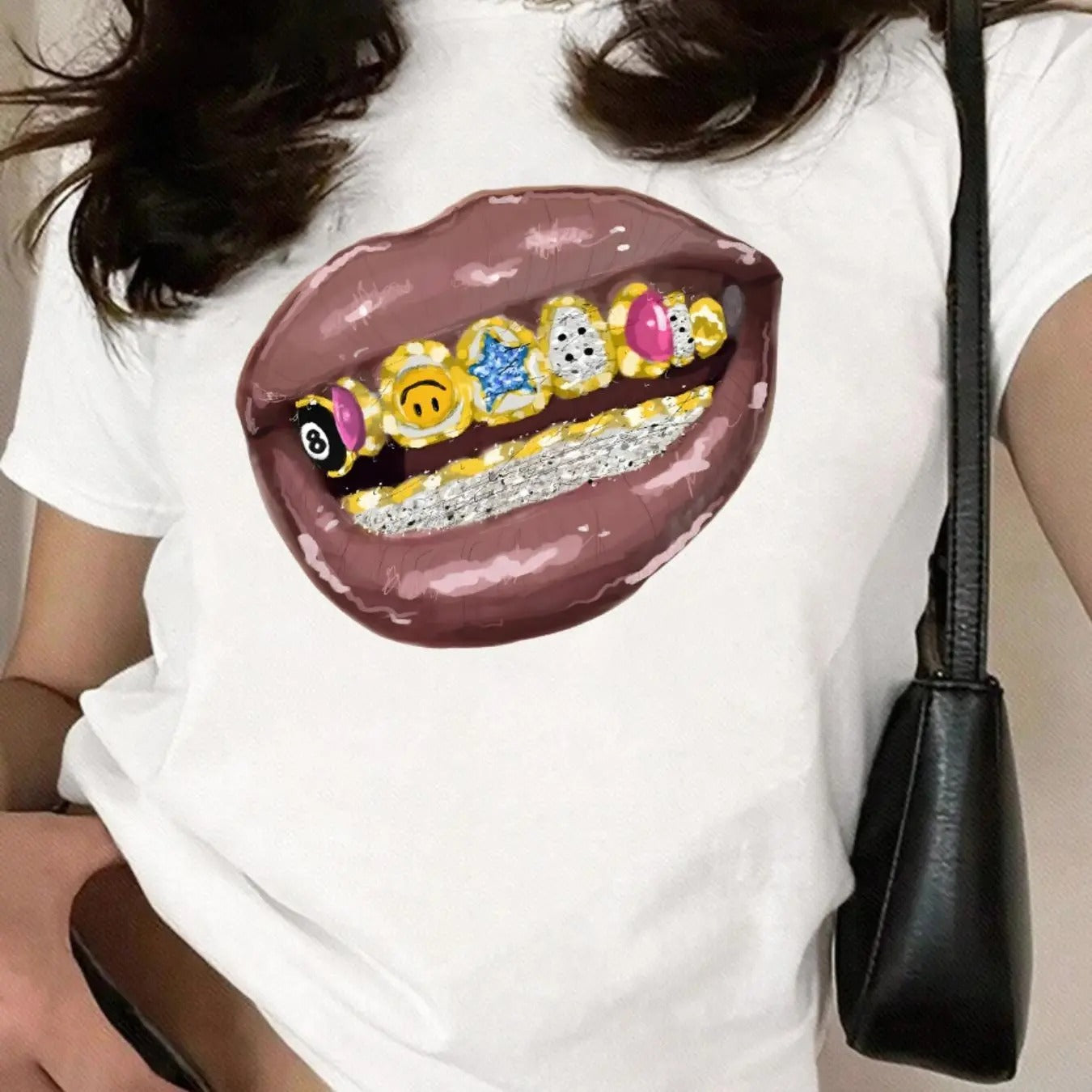 Women's Mouth Print Round Neck Tee, Fashion Casual Short Sleeve T-Shirt for Daily Wear, Ladies Summer Clothesstyle{n002}2